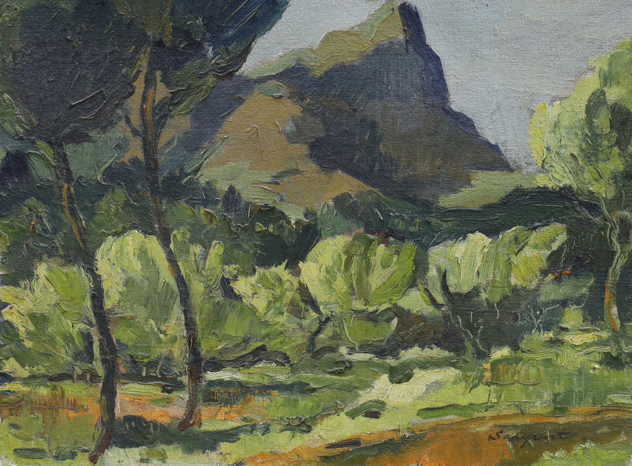 French School, oil on canvas board, Mountainous landscape, indistinctly signed, 30 x 41cm, unframed